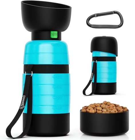 Pecute Botella Portátil de 650 ml con Recipiente 150 ml para Comida de Perros y Gatos, 2 en 1- Ideal para Mascotas y Paseos al Aire Libre