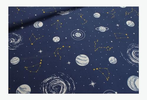 Stoff am Stück Stoff Baumwolle Polyester Rips marine Weltall Glow in the dark Leinenoptik