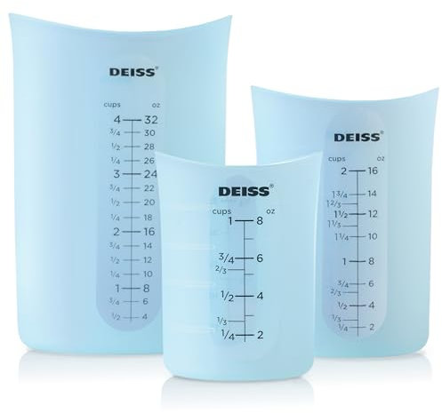 Deiss PRO Juego de 3 Tazas Medidoras de Silicona Versátil y Duradero, Pico de Vertido Fácil Antiadherente para una Limpieza Fácil Resistente al Calor Tazas Medidoras de Líquidos para Exprimir y Verter