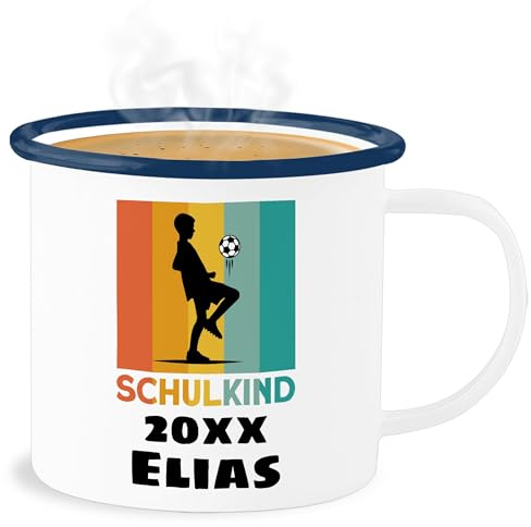 Emaille Becher Blechbecher - Einschulung Schulanfang Tasse - Schulkind 2026 Fußball - 300 ml - Weiß Blau - schulanfänger geschenke einschulung-schulkind schulkinder fussball 2023 schul 2022