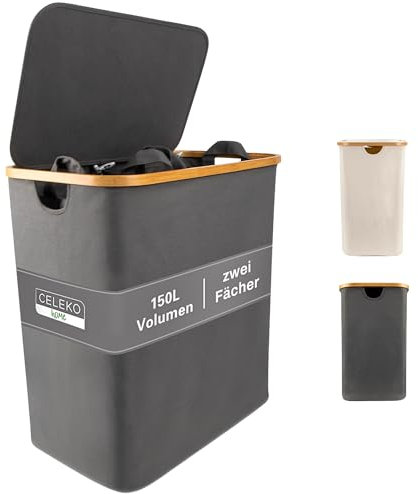 Wäschekorb 150L Faltbar mit Deckel und 2 Fächern – Wäschesammler Bambus-Stoff Grau – Wäschebox, Wäschetruhe, Wäschebehälter, Wäschetrenner für Bad, Schlafzimmer & Waschküche