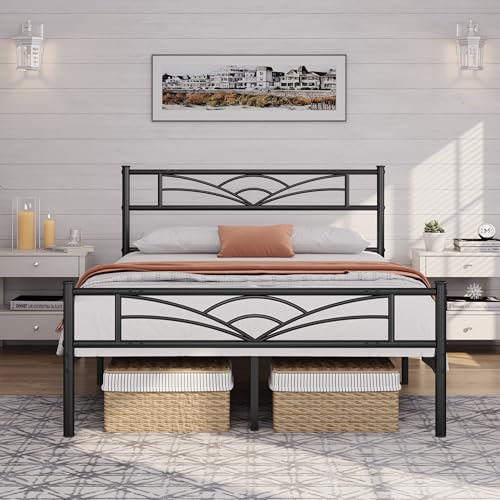 costoffs 5ft Metal King Platform Bed Frame Solid Bedstead Base with Cloud-inspired Design Headboard and Footboard, Under-bed Storage Space, Fits for Adults/Teenager Black