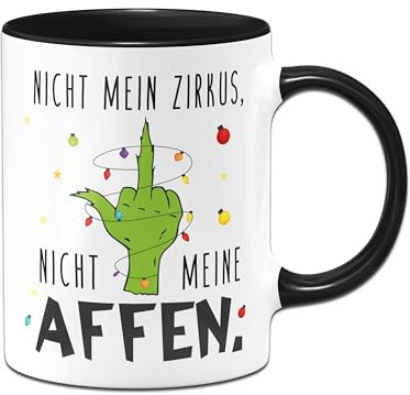 Tassenbrennerei Grinch Tasse - Nicht mein Zirkus, nicht meine Affen. - Weihnachtsasse lustig - Kaffeetasse mit Spruch - Weihnachts-Deko (Schwarz)