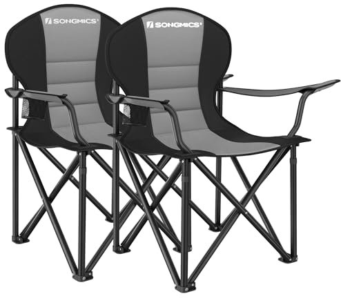 SONGMICS Strandstuhl, 2er Set, Campingstuhl, Klappstuhl mit Getränkehalter, Schaumstoffpolsterung, klappbar, bis 250 kg belastbar, Outdoor-Stuhl, grau-schwarz GCB206G01