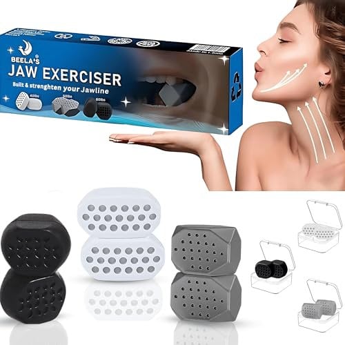 Beela's 6x Premium Jaw Trainer for Men and Women - Complete Jaw Exerciser Kit for a Defined Jawline & Slimmer Face - 3 Level Intensity Jaw Toner with 3 Hygienic Boxes - Sculpt and Chisel Your Jawline