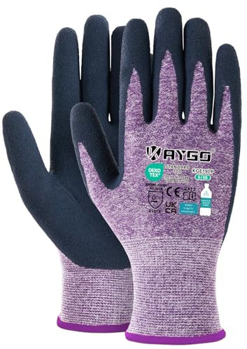 KAYGO guanti da lavoro rivestiti in lattice per le donne traspiranti, 12 paia guanti da giardinaggio in poliestere riciclato, guanti da lavoro ecologici per le donne, KGE19L (Viola, XS, taglia 6)