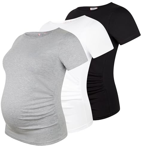 M.M.C. Umstandsshirt Kurzarm Damen 3er Pack – Umstandsmode Basic, unifarben, mitwachsende Raffung, 95% Baumwolle