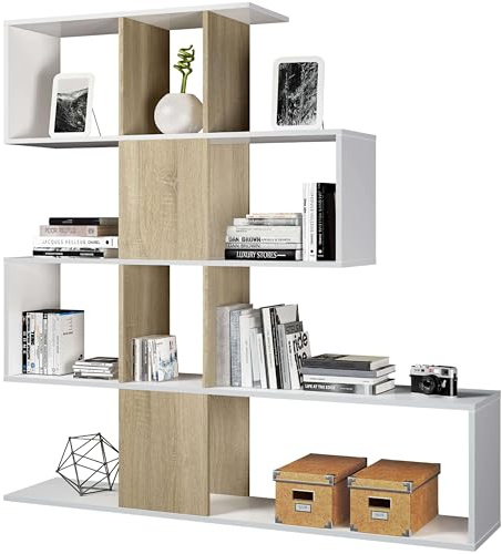 Miroytengo Regal und Bücherregal, Wohnzimmer, Schlafzimmer, Zick-Zack, nordischer Stil, Weiß und kanadische Eiche, 145 x 145 x 28 cm