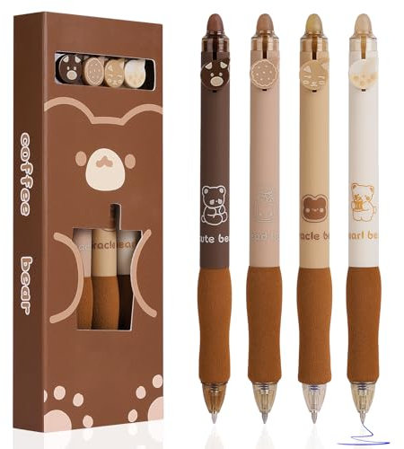 OFFCUP Radierbarer Kugelschreiber, 4 Blau Tintenroller Radierbar Gelstift, 0.5mm Radierstift Bär Cartoon Löschbarer Stift Erasable Pen für Kinder Studenten Geschenk Schul Bürobedarf - Kaffee