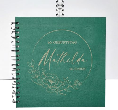 Gästebuch Geburtstag Leinen, personalisiert Geburtstagsgästebuch, Ringbuch 25 x 25 cm, Fotoalbum blanko leer Blumen, für Frau und Mann, 18|30|40|50|60|70 runder Geburstag, Feenstaub