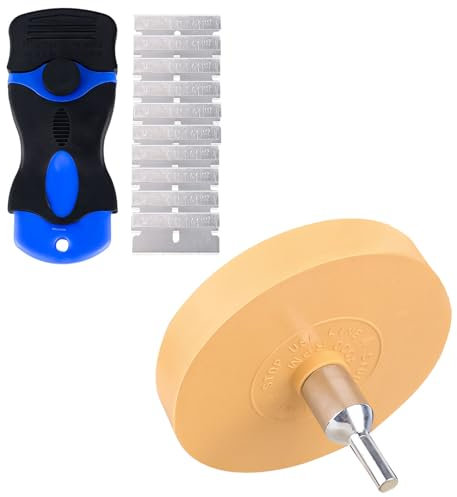 DMJJSD® Folienradierer 3.5Zoll Radierscheibe mit Adapter Radierer Bohrmaschine Radiergummi Rad von Folien Und Kleberesten Am Fahrzeug inkl. 1 Metall Klebstoffentfernungsklinge und10 Kunststoffklinge