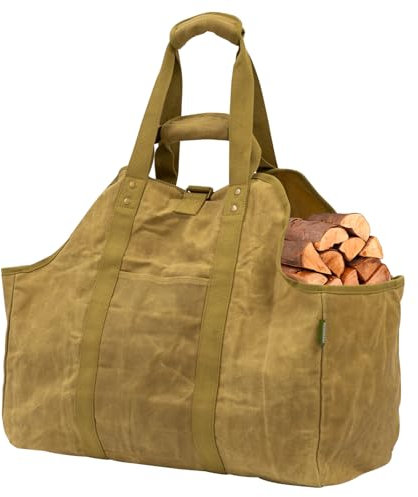 Woodside Firewood Log Carrier Bag - Heavy Duty 16oz Waxed Canvas, Waterproof with Padded Handles, Front Pocket & Reinforced Rivets