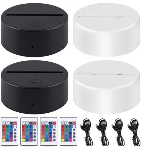 Lot de 4 lampes de nuit LED 3D - Socle LED avec télécommande et câble USB - Lampe illusion 3D - 7 couleurs - Intensité variable - Lampe de décoration pour chambre d'enfant, salon, magasin (2 blancs, 2