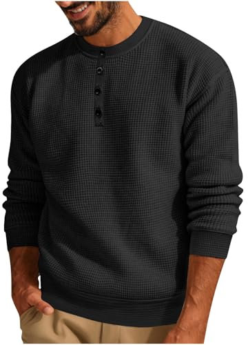 HAOLEI Mens Waffle Jumpers Clearance,Plain Crew Neck Sweatshirts Men Oversized No Hood Plain Knitted Autumn Winter Work Long Sleeve Loose Fit Festival Pullover Sweater Tops UK Plus Size S-3XL Black