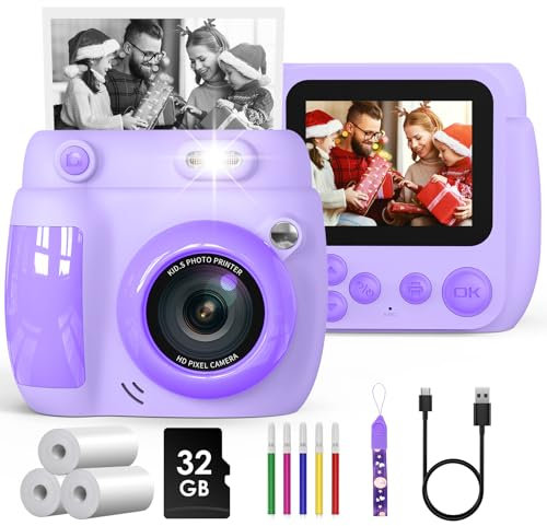 Gofunly Camara Fotos Infantil Instantanea, 2,4 Pulgada 1080P HD Camara Fotos Infantil con Tarjeta de 32GB y Papel Fotografia, Juguete Cámara Instantánea Regalos para Niños y Niñas de 3-12 Años, Morado