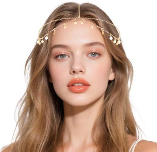 Eymobad Boho Kopfkette,Gold Hippie Orientalisch Kopfschmuck 53 cm,Pailletten Boho Quaste Haarkette,Wahrsagerin Kopfschmuck Gold,Festival-Haarschmuck für Damen und Mädchen