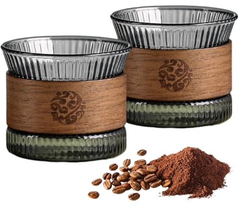Tazze da Caffè Espresso,Mengger 2 pezzi Bicchieri da Caffè Espresso 170 ml,Tazza da Caffè Resistente al Calore,Bicchieri da Cappuccino con Anello Termico in Legno