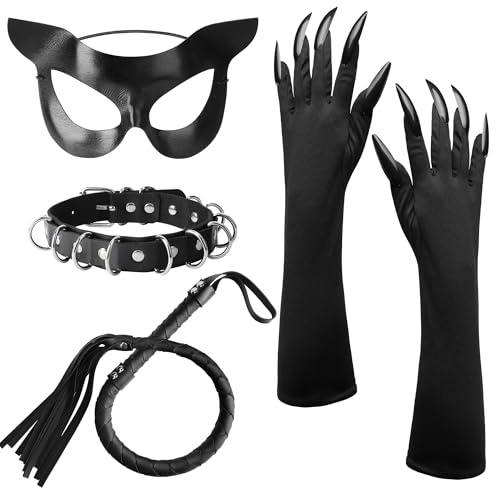 QIZHIQIAMY Déguisement Chat Femme, Lot de 4 Accessoires de Costume de Chat, Costume de Chats Noir pour Femme avec Masque Chats, Gants, Fouet, Collier pour Halloween, Carnaval, Cosplay, Soirée à Thème