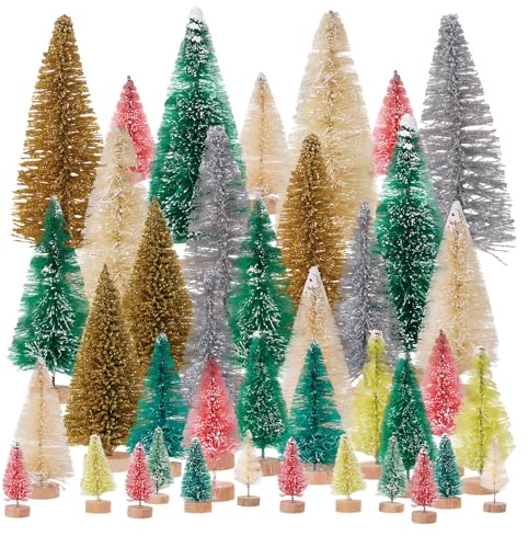 40pcs Mini Christmas Tree Set Small Christmas Pine Tree with Wooden Bases Christmas Table Decoration for Holiday Xmas Party Desktop Decor