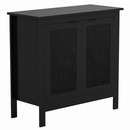 Skokliz Büfettschrank im Landhausstil mit 2 Rattantüren, 76 cm hoher Sideboard Schrank mit Massivholzfüßen, Moderner Aufbewahrungsschrank in Schwarzfür Eingangsbereich, Wohnzimmer, Küche, Esszimmer