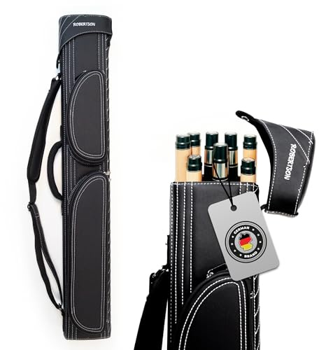 Robertson Billardköcher 3/5 Leder-Deluxe für 3 Queues und 2 Oberteile, Exklusives Profi-Case, mit großen Zubehörtaschen, edle Handarbeit, weiße Ziernähte und Tragegurt
