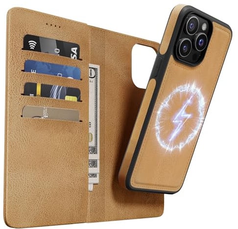 OASISBLUE Handyhülle für iPhone 14 Pro Max Hülle, [2-in-1 Magnetisch Abnehmbar] Kabelloses Laden Kompatibel Stoßfest Schutzhülle PU Leder Klapphülle - braun