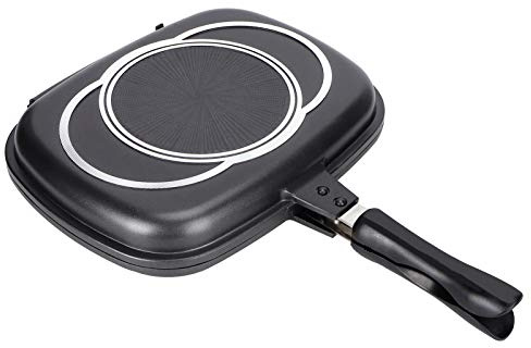 Adfaga Double Sided Frying Pan Pressure Cooker Style Grill Pan Non Stick Cast Aluminum Cookware with Insulated Handle for Home Outdoor Cooking Barbecue Black 26x30x7cm 1690g