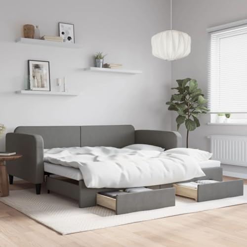 QJBSAVVA Tagesbett Ausziehbar Dunkelgrau Stoff 100x200 cm mit Schubladen Robuster Holz-Metall-Rahmen Platzsparendes Schlafsofa für Gäste Wohn- oder Schlafzimmer
