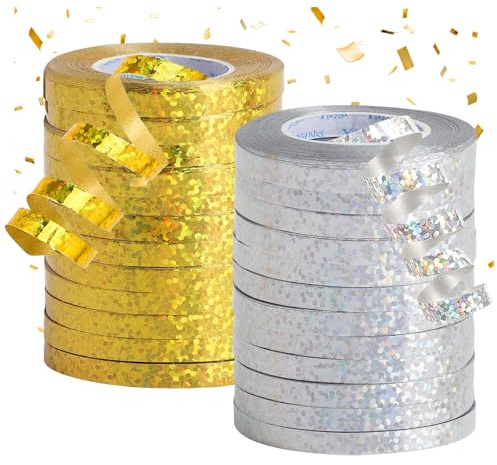 XRVRILE 24 Rollen Luftschlangen, 10m Luftschlangen Gold Silber Glitzernden Satinband für Geburtstags, Feierdeko Ballonband, Silvester Deko, Hochzeit Deko, Geschenkband Karneval