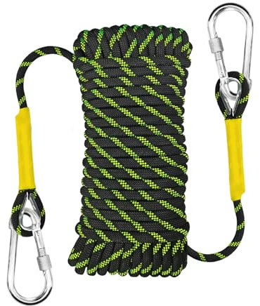 YIUBCZOQI 20m Corde d'escalade Statique 10mm avec 2 mousquetons, UIAA | Nylon haute résistance, résistant, l'abrasion et aux UV, Noir Fluorescent, Adaptée l'alpinisme, le camping, secours.