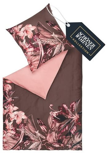SCHÖNER WOHNEN Satin Bettwäsche 135x200 Baumwolle Blumen Rot - Luxus Bettwäsche-Set 2teilig - atmungsaktiv - 1x Bettwäschebezug & 1x Kopfkissenbezug 80x80cm Frühling Duvet Cover Set - ÖKO-TEX