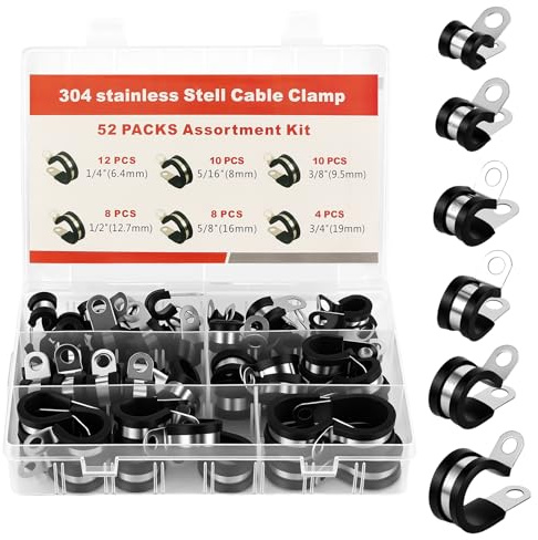 52 StüCk Rohrschellen Set, Gummi P Clips 6mm 8mm 10mm 13mm 16mm 19mm | Schlauchschellen Edelstahl mit Gummipolster, Schwarz Kabelschellen für Rohr Leitung Draht