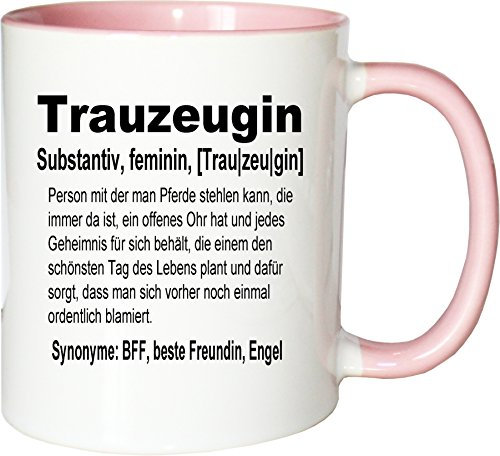 Mister Merchandise Kaffeebecher Tasse Trauzeugin Definition Hochzeit Frau Maid Bride Geschenk Dankeschön Teetasse Becher Weiß-Rosa