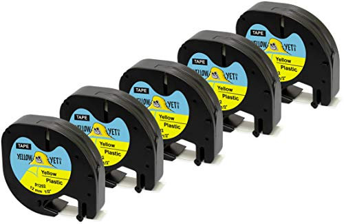 Yellow Yeti 5 Casetes de Cinta 91202 91222 S0721620 negro sobre amarillo, plástico, 12mm x 4m compatibles para Impresoras de Etiquetas DYMO LetraTag LT-100H LT-100T LT-110T QX50 XR XM 2000 Plus