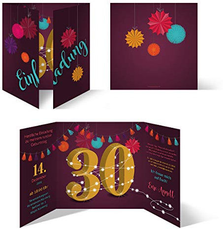 Individuelle Geburtstagseinladungen zum 30. Geburtstag personalisierte Einladungskarten ab 10 Stück selbst gestalten Quadrat 155x155mm Altarfalz - Girlande
