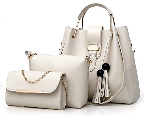 AlwaySky Frauen weiche PU-Leder-Handtasche 3 Stücke Set Tote Schultertasche Clutch Geldbörsen Set, Weiß