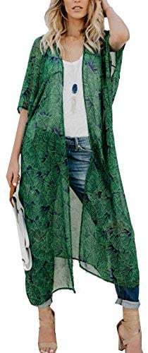 CASURESS Women's Sheer Chiffon Blouse Tops Kimono Cardigan Floral Loose Cover Ups Outwear Plus Size, Green, L