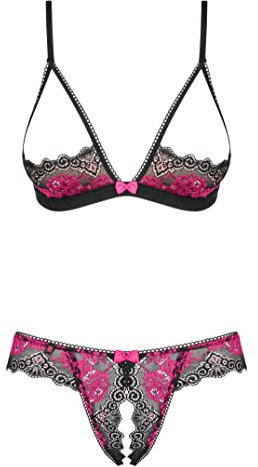 Selente Love & Fun Sfizioso Completo Intimo a 3 Pezzi: Reggiseno, Slip ed Esclusiva Benda per Occhi in Raso, Nero/Magenta minicoppa, L-XL