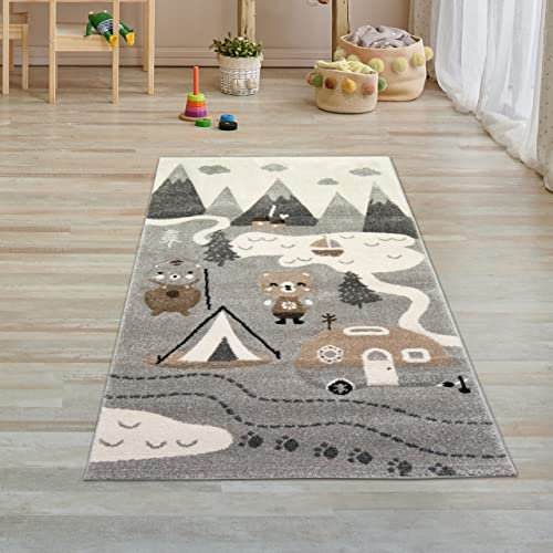 Kinderzimmer Teppich Spielteppich Camping Bären Zelt Berge Wohnwagen Tannen Fluss grau Creme braun, Größe 80x150 cm