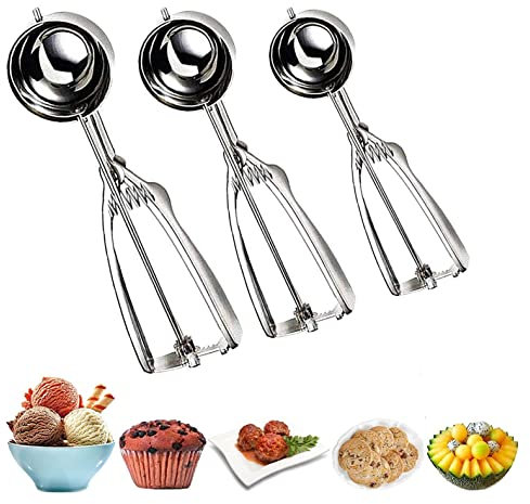 Eisportionierer Edelstahl-Eisportionierer für Obst 304 Edelstahl Scoop mit Clip Eisportionier mit Auslöser für Obst, Eiskugeln, Kartoffelpüree, Teig, Fleischbällchen - 3 Größen Eisportionierer