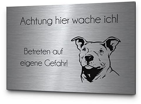 Vorsicht Hund Achtung Hund Hundeschilder Hinweisschilder Edelstahl | Verschiedene Hunderassen zB Dackel Schäferhund Chihuahua | Robuste Gravur - kein Druck… (Festes Design, Pitbull)