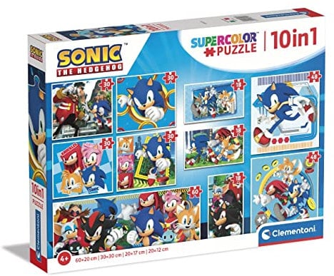 Clementoni 80508 Sonic Supercolor 10 in 1-10 Different Images (3 18 30, 2 with 48 One with 60 Tiles), Multicolour, Children Puzzle Age 4