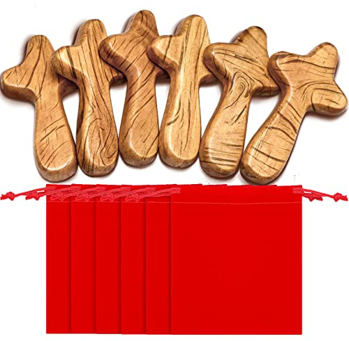 WILLBOND 6 Set Small Hand Held Cross Baptism Gifts 4.1 Inches Wall Cross Decor with Velvet Bag Pocket Palm Crucifix for Palm Sunday Prayer Church Communion