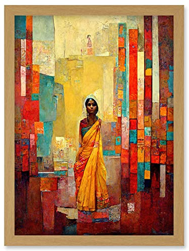 Doppelganger33 LTD Bright Bold Woman Yellow Saree Sari Hindu Muslim Skirt Dress Painting Artwork Framed Wall Art Print A4