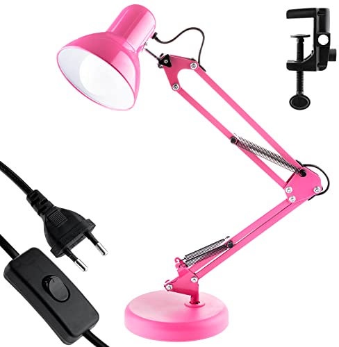 Lumiled Schreibtischlampe klassisch Leselampe Rosa Tischleuchte Tischlampe Verstellbarer Arm Arbeitsleuchte Nachttischlampe mit E27 Fassung Retro aus Metall Kinderzimmer Arbeitszimmer mit Klemme