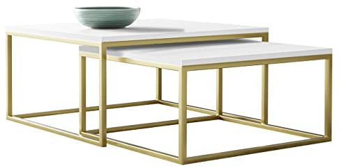 Mirjan24 Couchtisch Dakenti, Wohnzimmertische, Set Sofatische 2er Set, moderner Kaffeetisch, 2 in 1 Beistelltisch, Teetisch, Metallrahmen (Gold + Arktisches Weiß)
