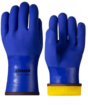 LANON PVC Gants de Travail Hiver, Doublure Chaude en Cachemire, Gants d'hiver pour le Travail au Congélateur, Résistants aux Produits Chimiques & à l'huile, Imperméables, Antidérapant, Taille L