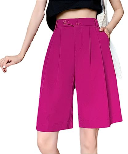 Ownwfeat Lässige Damen-Shorts Mit Knöpfen, Hoher Taille Und Weitem Bein, Lockere Büro-Shorts Mit Taschen Pitaya Color XS