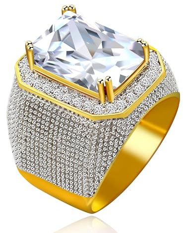 Uloveido Vergoldete Jungen Ring Big CZ Halo Band Statement Ringe für Männer Geburtstag Schmuck Geschenke für Freund RA408 (weiß, Größe 20.6)
