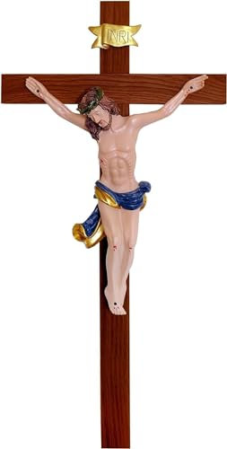 Kaltner Präsente Geschenkidee: 25 cm Wandkreuz Kruzifix aus Holz Fichte nussbaum farbig gebeizt - Handgemalte Jesus Christus Figur aus hochwertigen Kunstguss aus Resin – Dekoration